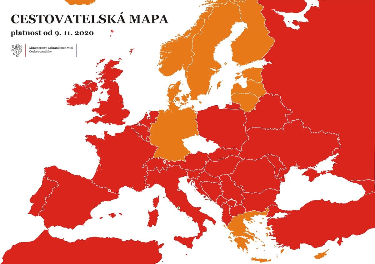 Cestování po Evropě: Všechny země jsou oranžové nebo červené